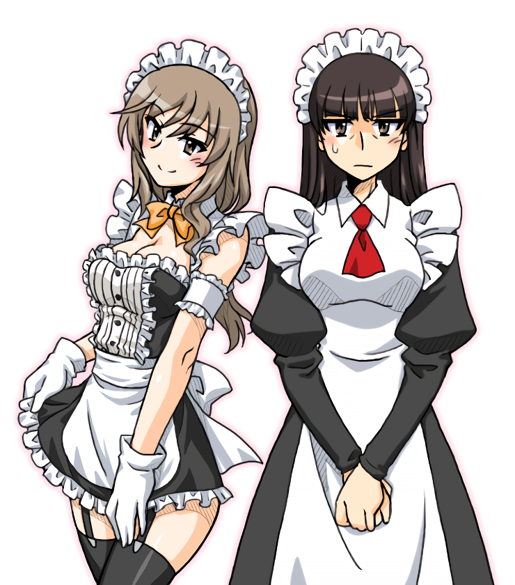 2girls alternate_costume apron ascot bangs black_dress black_eyes black_hair blunt_bangs blush bow bowtie brown_eyes brown_hair closed_mouth collared_dress commentary_request detached_collar dress enmaided eyebrows_visible_through_hair frilled_armband frilled_dress frills frown girls_und_panzer gloves juliet_sleeves long_dress long_hair long_sleeves looking_at_viewer maid maid_apron maid_headdress mature_female multiple_girls nishizumi_shiho oosaka_kanagawa orange_bow orange_bowtie partial_commentary puffy_sleeves red_ascot shimada_chiyo short_dress side-by-side simple_background smile standing straight_hair strapless strapless_dress sweatdrop v_arms white_apron white_background white_gloves wing_collar