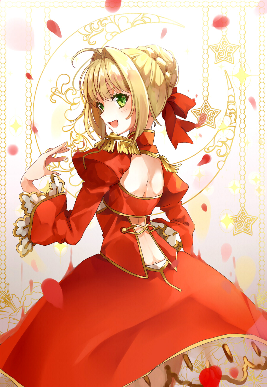 1girl aestus_estus ahoge blonde_hair braid breasts cleavage commentary_request dress epaulettes fate/extra fate/grand_order fate_(series) french_braid green_eyes hair_intakes hair_ribbon juliet_sleeves large_breasts long_sleeves nero_claudius_(fate) nero_claudius_(fate)_(all) puffy_sleeves puracotte red_dress red_ribbon ribbon saber_extra see-through solo wide_sleeves