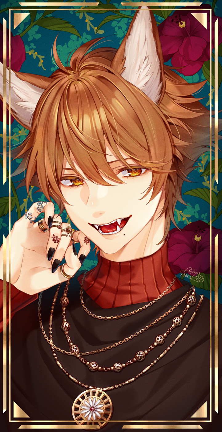 1boy animal_ears bangs beads black_nails border brown_eyes brown_hair chain_necklace cocosuke dog_ears fangs floral_background flower hand_up hibiscus highres jackal_ears jewelry layered_clothing long_sleeves looking_at_viewer male_focus mole mole_under_mouth multiple_rings open_mouth original pendant portrait red_flower red_sweater ring short_hair signature solo sweater tongue turtleneck