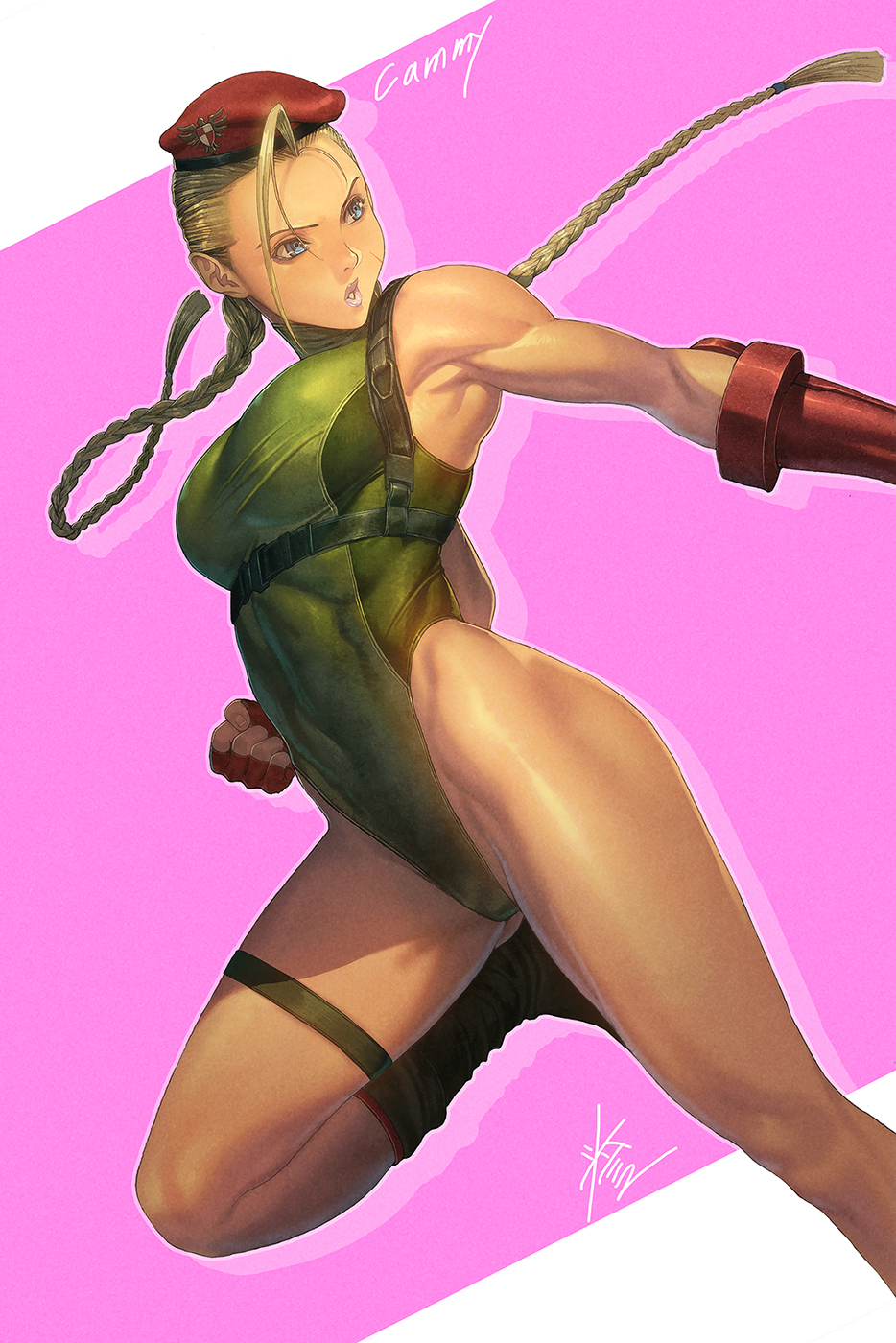 1girl ahoge armpits beret blonde_hair boots braid breasts cammy_white chest_harness commentary_request cross-laced_footwear gloves green_leotard harness hat highleg highleg_leotard highres holster homare_(fool's_art) huge_ahoge lace-up_boots leotard long_hair medium_breasts muscular muscular_female red_gloves red_headwear scar solo street_fighter street_fighter_v thigh_holster turtleneck twin_braids