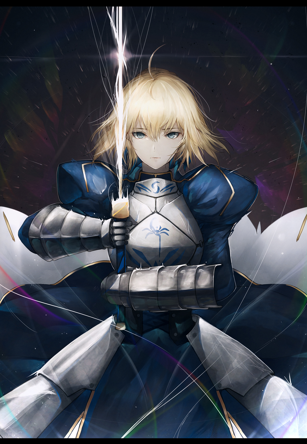 1girl ahoge artoria_pendragon_(all) blonde_hair blue_ribbon breasts cleavage_cutout clothing_cutout excalibur_(fate/stay_night) fate/grand_order fate/stay_night fate_(series) green_eyes hair_bun hair_ribbon holding holding_weapon juliet_sleeves long_sleeves marurumoru medium_breasts puffy_sleeves ribbon saber solo sword weapon