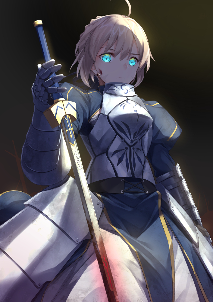0gedo0 1girl ahoge artoria_pendragon_(all) blonde_hair blue_ribbon breasts cleavage_cutout clothing_cutout excalibur_(fate/stay_night) fate/grand_order fate/stay_night fate/zero fate_(series) green_eyes hair_bun hair_ribbon holding holding_weapon juliet_sleeves long_sleeves medium_breasts puffy_sleeves ribbon saber solo sword weapon