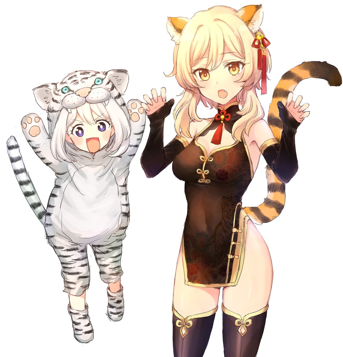2girls animal_costume animal_ears animal_print bare_shoulders blonde_hair breasts china_dress chinese_clothes covered_navel cowboy_shot dress eyebrows_visible_through_hair fang genshin_impact hair_between_eyes highres looking_at_viewer lumine_(genshin_impact) medium_breasts multiple_girls no_panties open_mouth paimon_(genshin_impact) sbs simple_background thigh-highs tiger_costume tiger_ears tiger_girl tiger_print tongue violet_eyes white_background white_hair yellow_eyes