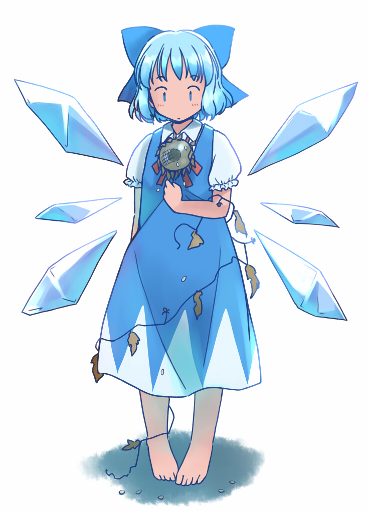 1girl :| arm_at_side backlighting bangs barefoot blue_bow blue_dress blue_eyes blue_hair blush bow cirno clenched_hand closed_mouth collared_shirt commentary_request detached_wings dress expressionless eyebrows_visible_through_hair facing_viewer flower frilled_sleeves frills full_body hair_bow hand_up ice ice_wings leaf long_dress looking_down neck_flower neck_ribbon no_nose pinafore_dress plant puffy_short_sleeves puffy_sleeves rangycrow red_ribbon ribbon seed shirt short_hair short_sleeves simple_background solo standing straight-on sunflower sunflower_seed tan tanned_cirno toes touhou vines white_background white_shirt wilted_flower wing_collar wings withered