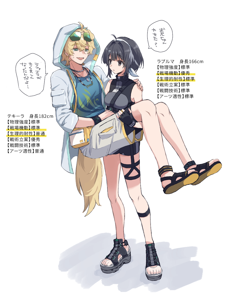 1boy 1girl :d :o animal_ears arknights bangs bare_shoulders black_eyes black_footwear black_gloves black_hair black_leotard blonde_hair blue_eyes blue_shirt breasts carrying dog_boy dog_ears dog_tail eyebrows_visible_through_hair eyewear_on_head fingerless_gloves full_body gloves green-tinted_eyewear hair_ornament hairband hairclip hand_on_another's_shoulder hood hooded_jacket jacket jewelry la_pluma_(arknights) leotard long_sleeves medium_breasts necklace open_clothes open_jacket open_mouth parted_lips princess_carry sandals see-through shirt short_hair shorts simple_background smile speech_bubble standing sunglasses sweatband tail tequila_(arknights) tinted_eyewear translation_request white_background white_hairband white_jacket white_shorts