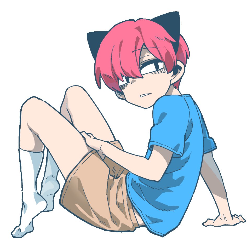1boy animal_ears eyebrows_visible_through_hair full_body looking_at_viewer looking_to_the_side park_jinim_(parkgee) parkgee pink_hair real_life self-portrait shirt shorts socks solo t-shirt white_legwear