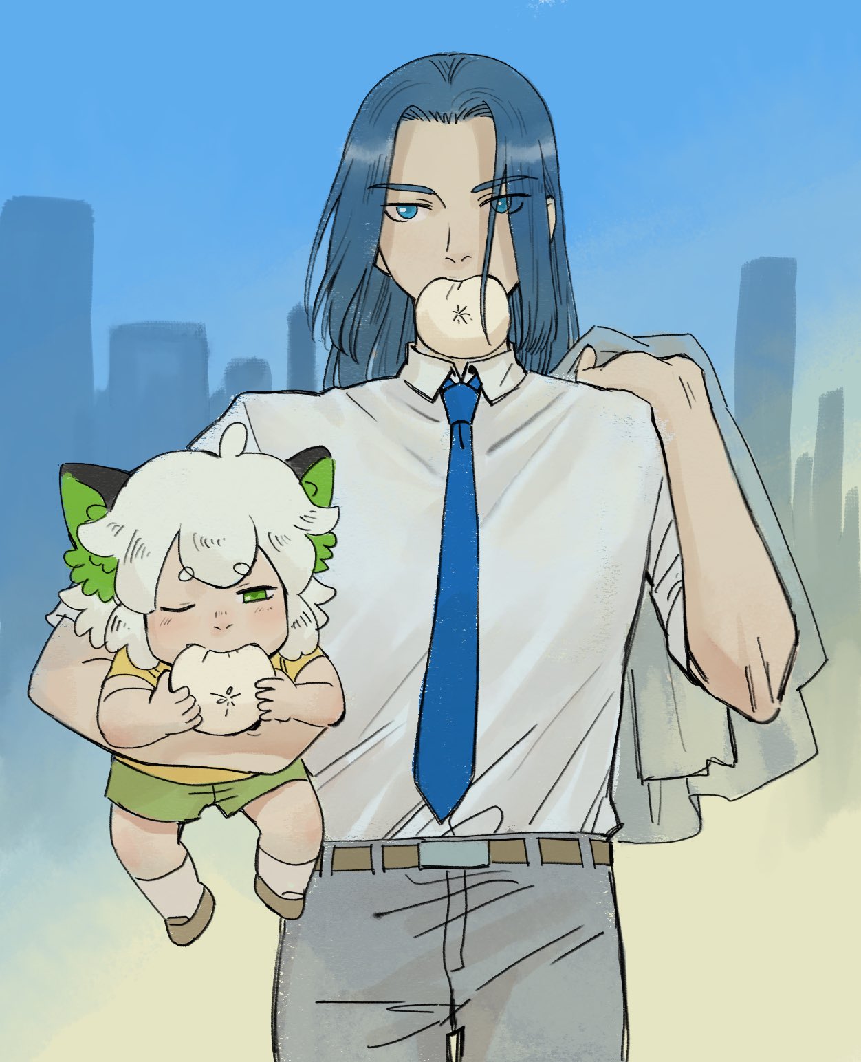 2boys animal_ears belt blue_eyes blue_hair blue_necktie brown_belt carrying cat_boy cat_ears child cowboy_shot eating eyebrows_visible_through_hair food_request green_eyes green_shorts grey_jacket grey_pants guagua_sun highres jacket jacket_removed long_hair luoxiaohei mouth_hold multiple_boys necktie one_eye_closed pants shirt shirt_tucked_in short_hair short_sleeves shorts the_legend_of_luo_xiaohei white_hair white_shirt wuxian_(the_legend_of_luoxiaohei) yellow_shirt