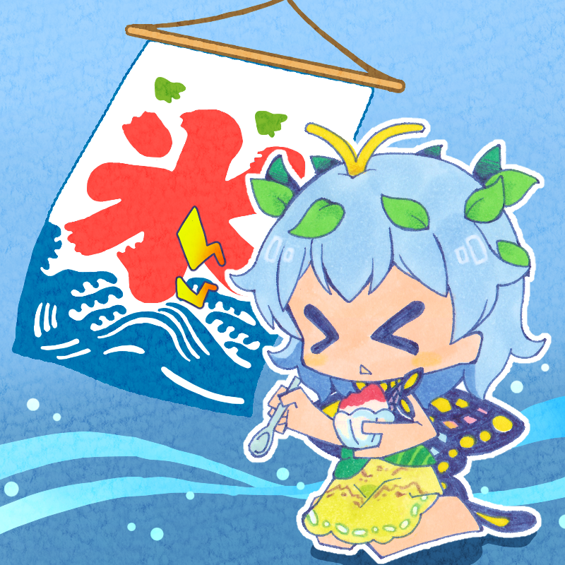 &gt;_&lt; 1girl antennae aqua_hair barefoot butterfly_wings chibi dress eternity_larva fairy full_body green_dress hair_between_eyes holding holding_spoon kuroteru leaf leaf_on_head marker_(medium) multicolored_clothes multicolored_dress open_mouth shaved_ice short_hair single_strap solo spoon touhou traditional_media triangle_mouth wings