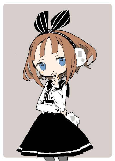 1girl :o bangs black_bow black_skirt blue_eyes blunt_bangs blush_stickers bob_cut border bow brown_hair chin_stroking cowboy_shot earmuffs elbow_rest fake_tail grey_background hair_bow hand_on_own_chin hand_up head_tilt high-waist_skirt jaggy_line long_sleeves looking_at_viewer looking_to_the_side no_nose original outside_border parted_lips pleated_skirt puffy_long_sleeves puffy_sleeves rabbit_tail rounded_corners shirt short_hair simple_background skirt sleeve_bow solo standing striped striped_bow suspender_skirt suspenders tail tareme thinking vertical_stripes white_border white_shirt yukihi yukihi-chan