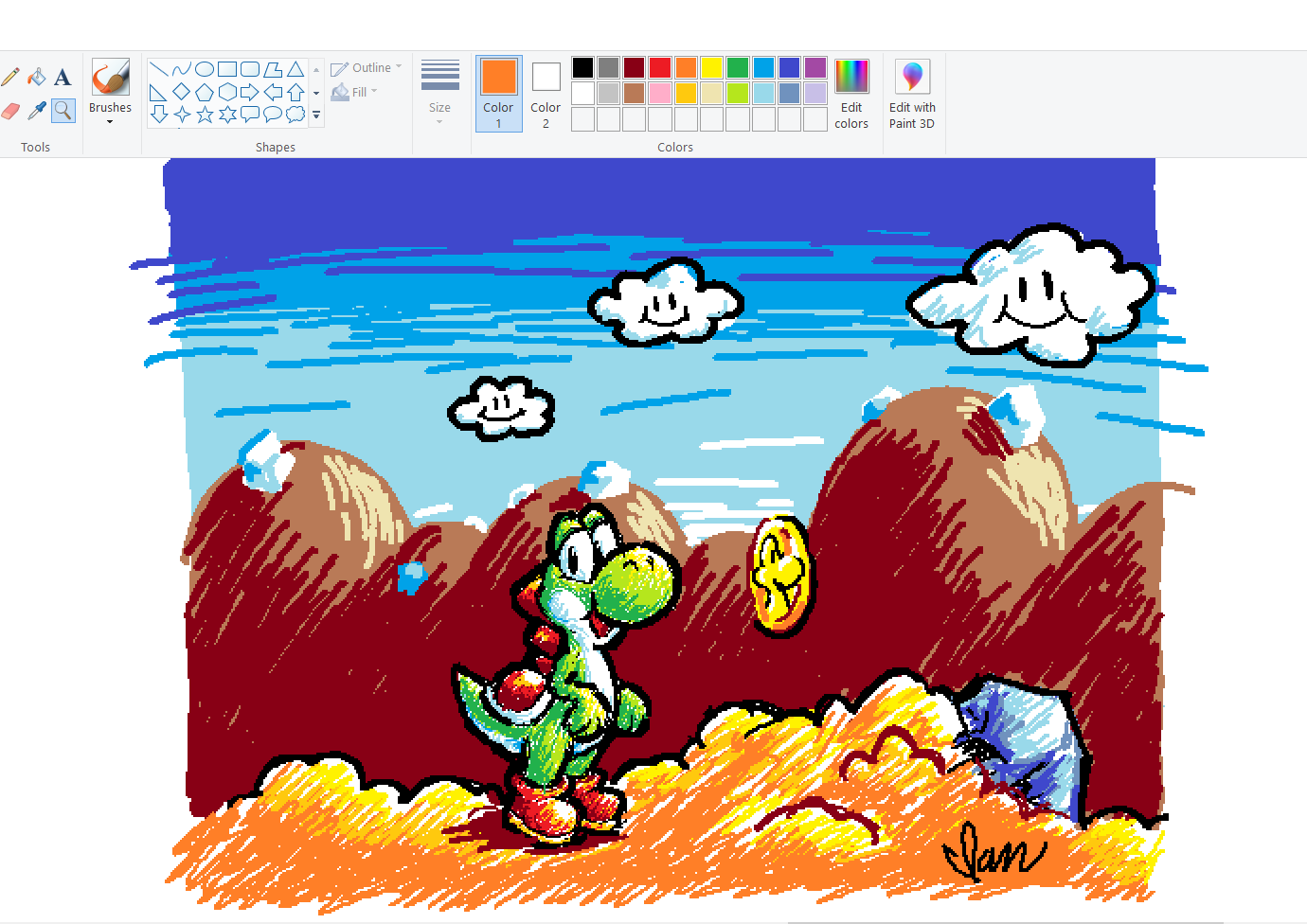 black_eyes boots clouds coin english_commentary looking_at_viewer mountain mspaint_(medium) mspaint_(software) nerples no_humans open_mouth red_footwear shell signature sketch sky smile solo super_mario_bros. yoshi yoshi's_island