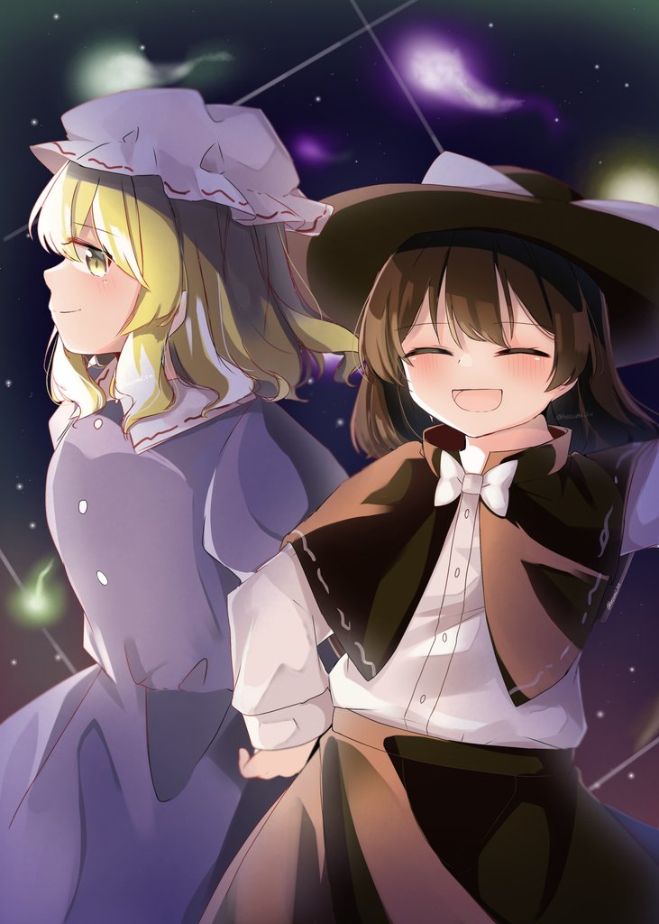 2girls black_skirt blonde_hair bow brown_hair capelet closed_eyes dress fedora hasumi_suzuna hat maribel_hearn mob_cap multiple_girls night night_sky purple_dress rainbow-colored_septentrion shirt short_hair skirt sky smile star_(sky) starry_sky touhou usami_renko white_bow white_shirt yellow_eyes