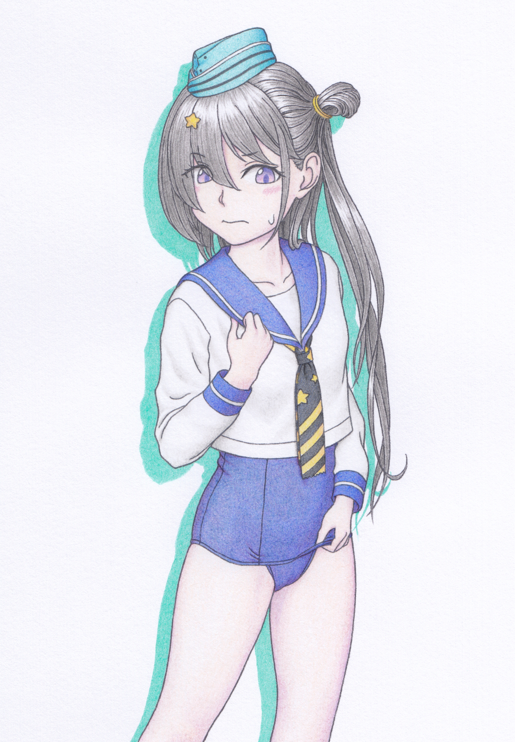 1girl aqua_headwear black_ribbon blue_sailor_collar blue_swimsuit colored_pencil_(medium) commentary_request cowboy_shot garrison_cap grey_eyes grey_hair hair_ornament hat highres kantai_collection kopokichi long_hair long_sleeves multicolored_neckerchief neckerchief ribbon sailor_collar scamp_(kancolle) school_swimsuit school_uniform serafuku side_ponytail simple_background solo standing star_(symbol) star_hair_ornament swimsuit swimsuit_under_clothes traditional_media white_background