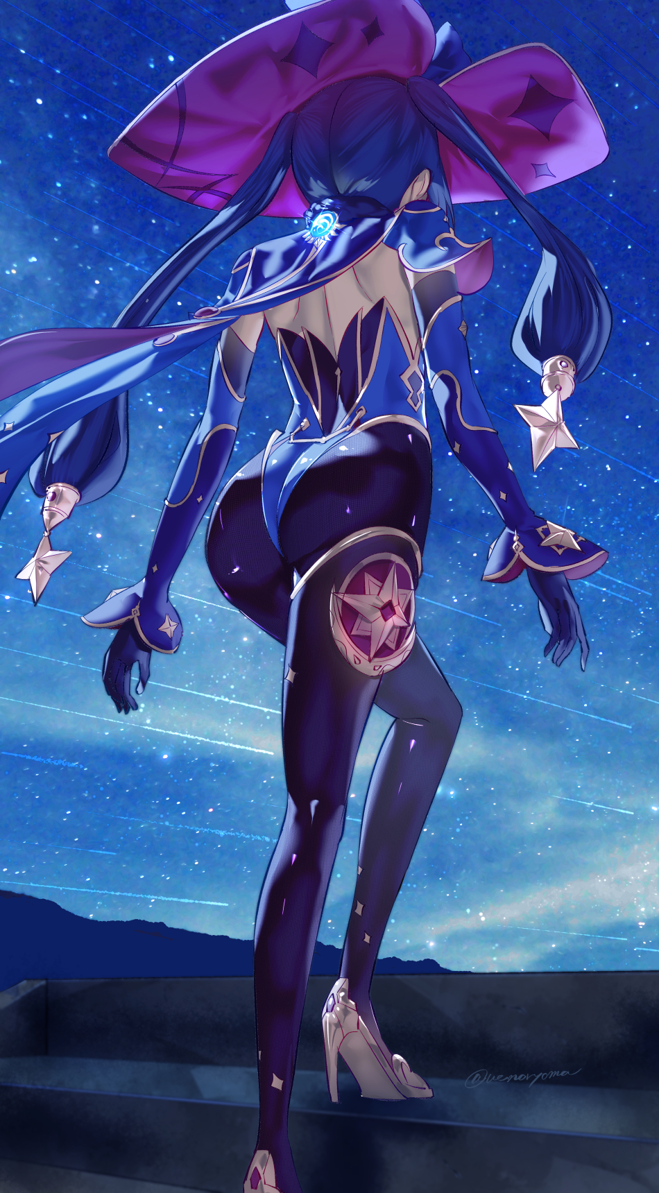 1girl artist_name ass back black_hair black_legwear blue_cape blue_leotard cape capelet detached_sleeves facing_away floating_hair foot_out_of_frame genshin_impact gloves hair_ornament hat highres leotard mona_(genshin_impact) night night_sky pantyhose sky solo sparkle_print stairs star_(sky) star_(symbol) star_hair_ornament starry_sky thighlet twintails uenoryoma vision_(genshin_impact) walking witch_hat