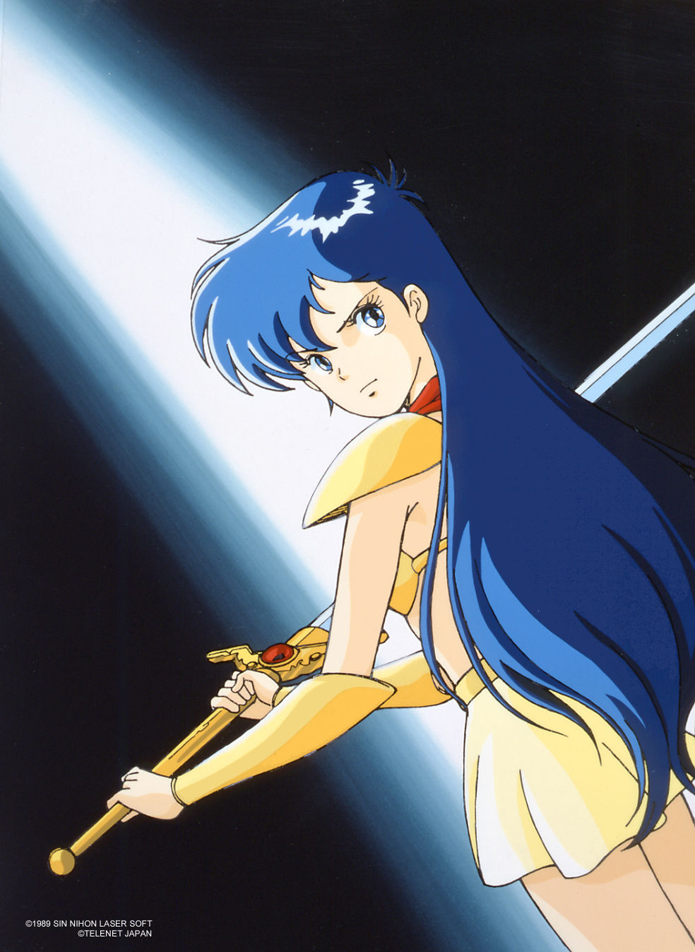 1990s_(style) 1girl armor artist_request asou_yuuko bangs bikini_armor blue_eyes dutch_angle elbow_gloves eyelashes gloves gold_armor highres long_hair looking_at_viewer looking_back microskirt midriff miniskirt mugen_senshi_valis official_art red_bandana red_scarf retro_artstyle scarf shoulder_pads simple_background skirt solo sword valis vambraces very_long_hair weapon