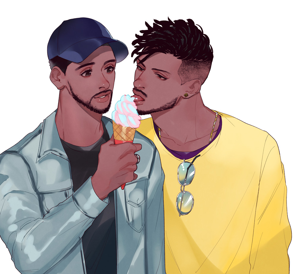 2boys baseball_cap beard black_hair black_panther_(film) casual dark-skinned_male dark_skin eyewear_on_clothing eyewear_removed facial_hair food hairlocs hat ice_cream ice_cream_cone jacket killmonger male_focus marvel marvel_cinematic_universe matsu_(bandan) multiple_boys t'challa