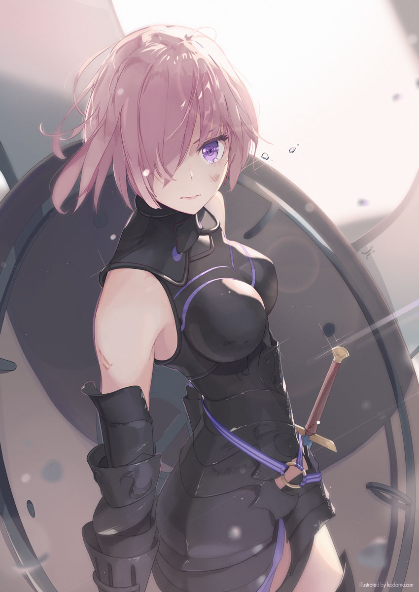 1girl armor bare_shoulders black_armor black_gloves breastplate closed_mouth clouds cloudy_sky commentary_request elbow_gloves eyebrows_visible_through_hair eyes_visible_through_hair fate/grand_order fate_(series) gloves grass hair_over_one_eye highres holding holding_shield holding_weapon kodamazon light_purple_hair looking_at_viewer mash_kyrielight mountain out_of_frame outdoors pov purple_eyes purple_gloves shield shielder_(fate/grand_order) short_hair two-tone_gloves weapon