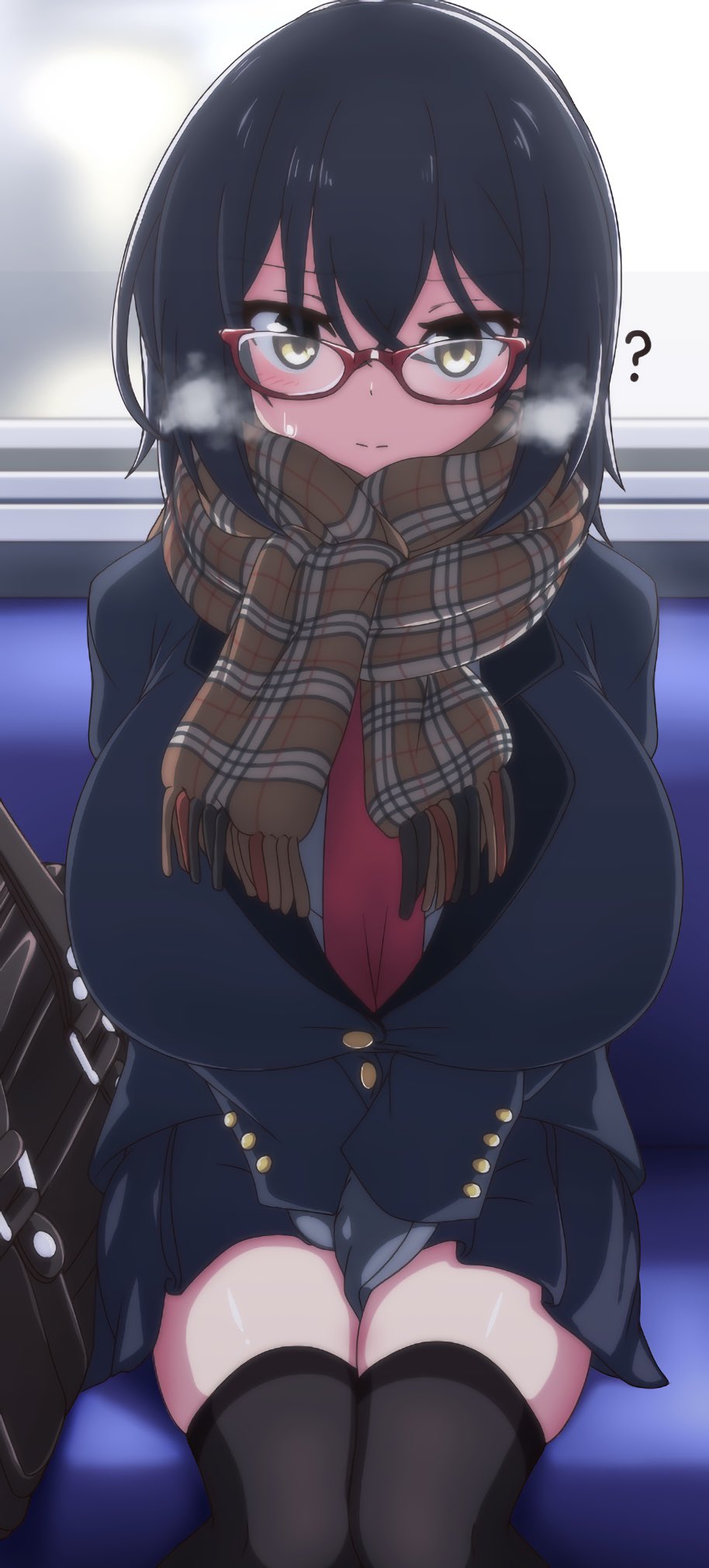 1girl ? akamine_miki bag bangs black_bag black_hair black_legwear blazer blue_gloves blue_jacket blue_skirt blush breasts breath closed_mouth commentary cropped_legs crossed_bangs den_noko eyebrows_visible_through_hair glasses gloves hair_between_eyes hands_on_lap highres huge_breasts jacket looking_at_viewer medium_hair necktie original pleated_skirt red-framed_eyewear red_necktie scarf school_bag school_uniform semi-rimless_eyewear sitting skirt solo sweatdrop thigh-highs train_interior yellow_eyes zettai_ryouiki