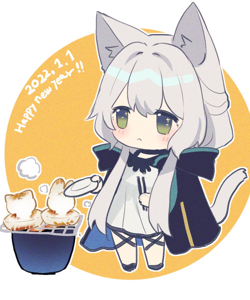 1girl :&lt; arknights bangs black_footwear black_jacket blush chibi chopsticks closed_mouth commentary_request dated dress full_body green_eyes grey_hair grill hair_between_eyes happy_new_year highres holding holding_chopsticks holding_plate hood hood_down hooded_jacket jacket long_hair mochi new_year nicole_(lion) open_clothes open_jacket plate rosmontis_(arknights) shoes solo standing two-tone_background very_long_hair white_background white_dress yellow_background