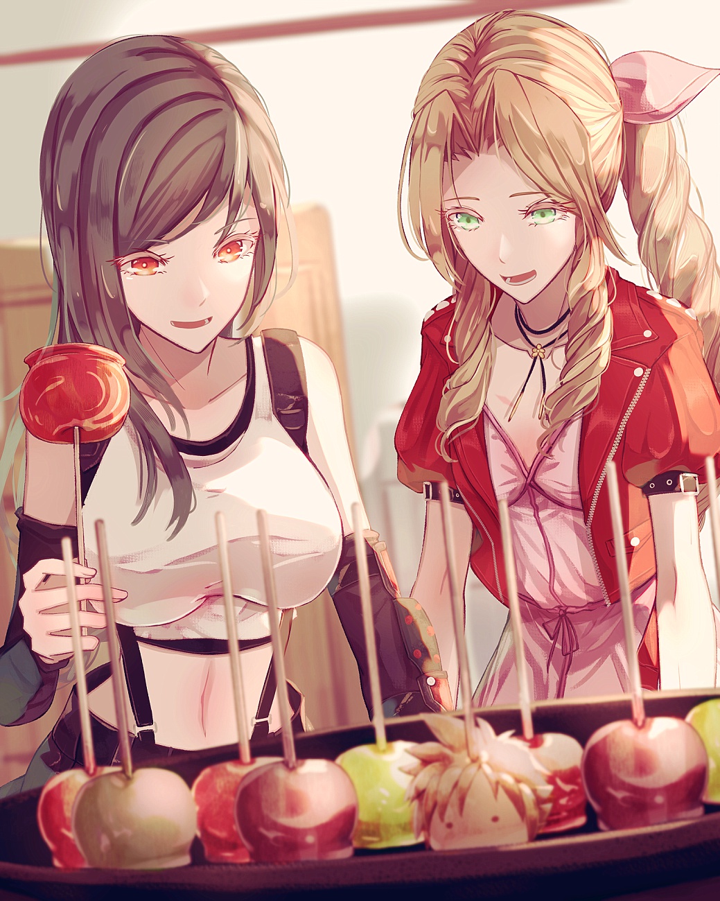 2girls :d aerith_gainsborough bangs black_sports_bra breasts candy_apple cloud_strife collarbone detached_sleeves dress drill_hair elbow_pads final_fantasy final_fantasy_vii final_fantasy_vii_remake flat_chest food green_eyes hair_ribbon highres jacket large_breasts looking_down midriff mirrorclew multiple_girls parted_bangs pink_dress pink_ribbon ponytail red_eyes red_jacket ribbon smile sports_bra suspenders swept_bangs tank_top tifa_lockhart white_tank_top