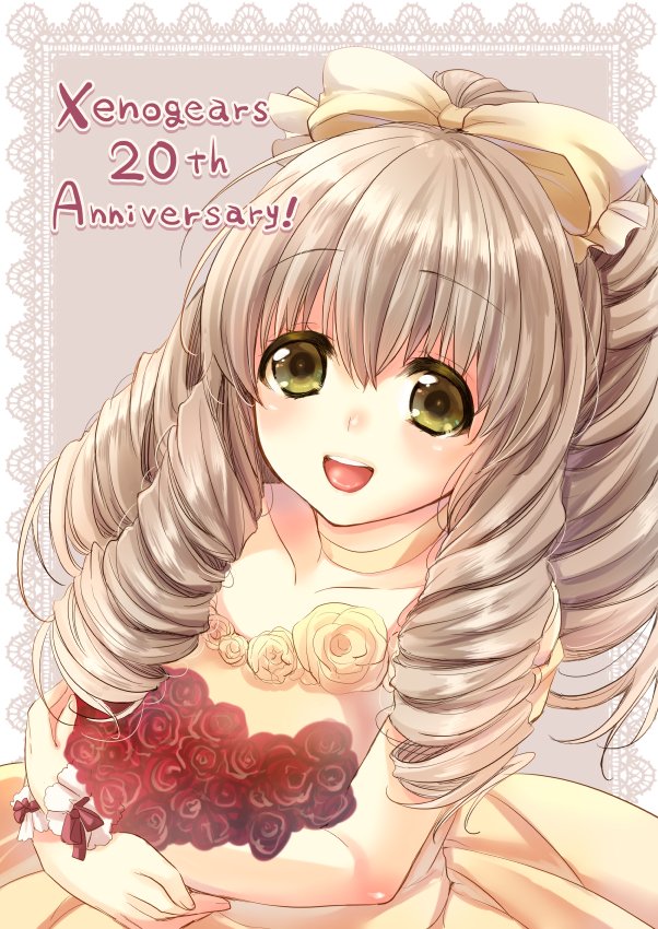 1girl blush bouquet bow collarbone dress drill_hair flower gloves green_eyes grey_hair hair_bow len_togarti long_hair looking_at_viewer maria_balthasar open_mouth red_flower red_rose rose smile solo wedding_dress xenogears yellow_bow