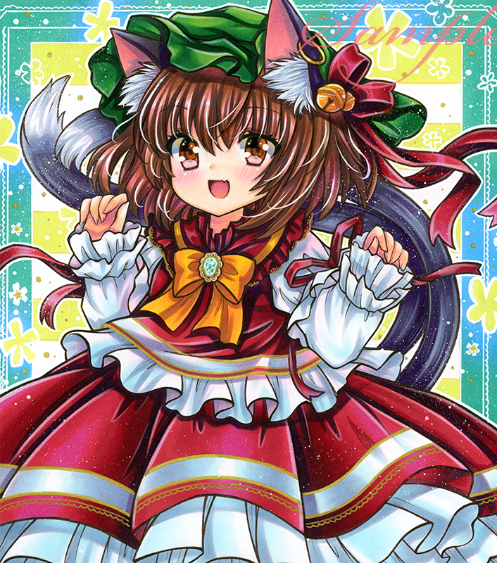 1girl :d abstract_background adapted_costume animal_ear_fluff animal_ears bell blush brooch brown_eyes brown_hair cat_ears chen claw_pose dress fang hands_up hat jewelry jingle_bell looking_at_viewer marker_(medium) medium_hair mob_cap multiple_tails nekomata red_dress rui_(sugar3) skin_fang smile solo tail touhou traditional_media two_tails