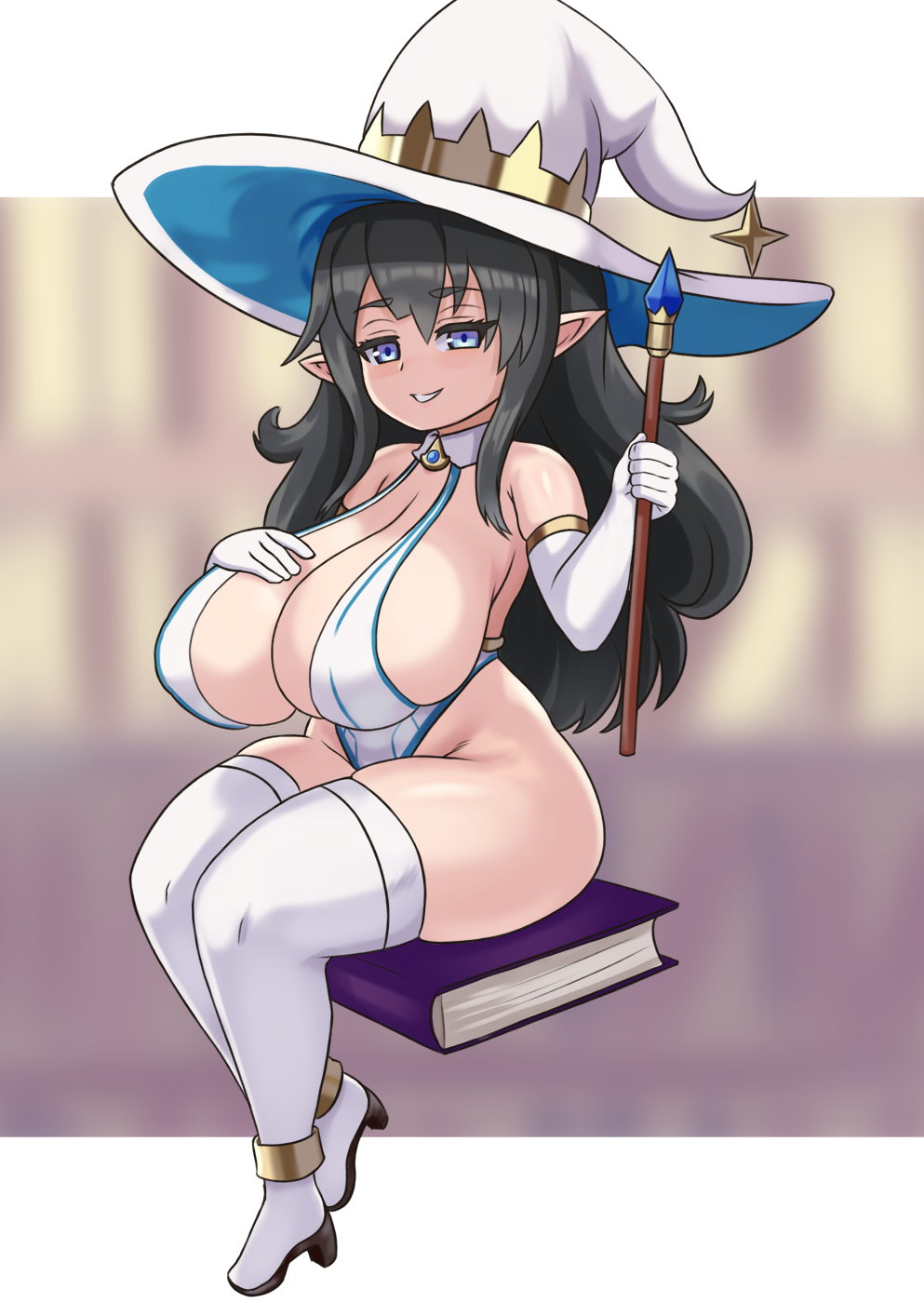 1girl black_hair blue_eyes boots breast_suppress breasts curvy detached_collar elf gloves gold_trim grin hat highres huge_breasts leotard long_hair nav original pointy_ears shortstack sitting_on_book smile solo thigh-highs thigh_boots very_long_hair wand white_gloves white_legwear white_leotard witch_hat