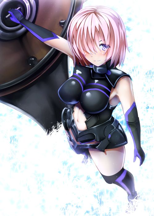 1girl armor bare_shoulders black_armor black_gloves breastplate closed_mouth clouds cloudy_sky commentary_request elbow_gloves eyebrows_visible_through_hair eyes_visible_through_hair fate/grand_order fate_(series) gloves grass hair_over_one_eye highres holding holding_shield holding_weapon light_purple_hair looking_at_viewer mash_kyrielight mountain out_of_frame outdoors pov purple_gloves shield shielder_(fate/grand_order) shirakawa_(pixiv21273343) short_hair two-tone_gloves violet_eyes weapon