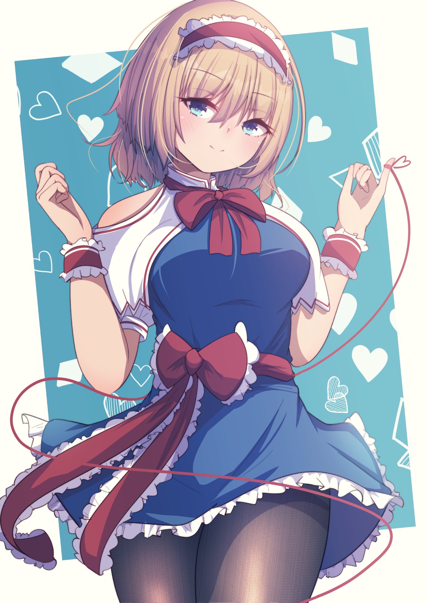 1girl alice_margatroid ascot blonde_hair blue_dress blue_eyes bow capelet darumoon dress frilled_ascot frills hair_bow hairband highres lolita_hairband puffy_short_sleeves puffy_sleeves red_hairband red_neckwear short_hair short_sleeves solo touhou
