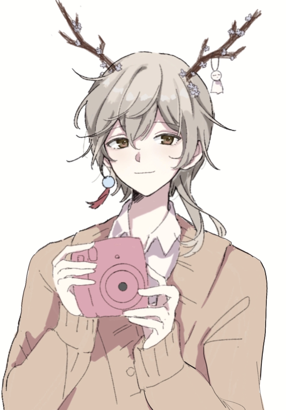 1boy antlers big_satisfaction_muffins brown_eyes brown_hair camera deer_antlers ear_piercing earrings flower green_eyes highres holding holding_camera jewelry looking_to_the_side nijisanji pale_skin piercing school_uniform virtuareal yomiya_(virtuareal)