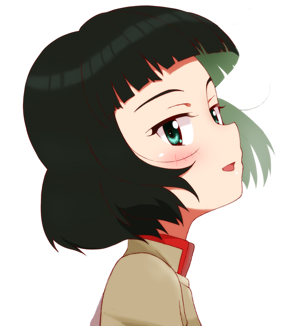1girl bangs black_hair blunt_bangs blunt_ends blush bob_cut brown_jacket chi-hatan_school_uniform commentary_request from_side girls_und_panzer green_eyes high_collar jacket kayabakoro looking_at_viewer nishihara_yasoko open_mouth portrait school_uniform short_hair simple_background smile solo white_background