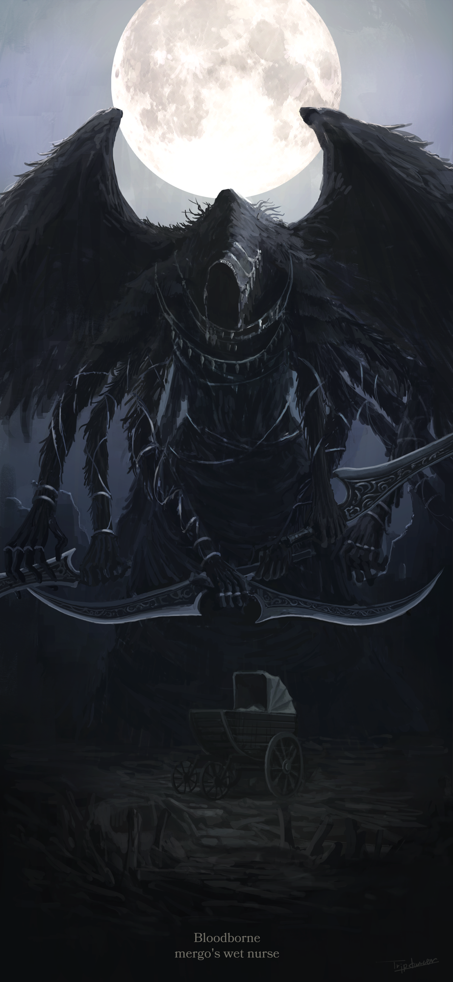 artist_name black_cloak black_wings bloodborne character_name cloak copyright_name extra_arms highres holding holding_weapon hood hood_up mergo's_wet_nurse monster moon moonlight solo standing stroller teeth tripdancer weapon wings