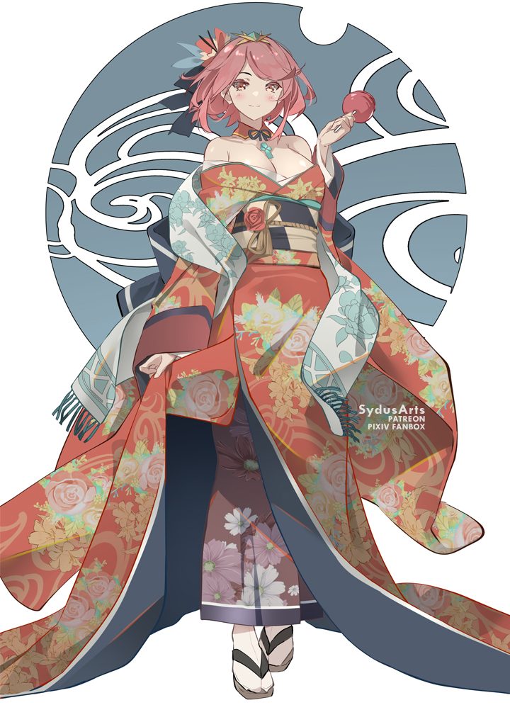 1girl bangs breasts chest_jewel headpiece japanese_clothes kimono large_breasts open_clothes open_kimono pyra_(xenoblade) red_eyes redhead short_hair solo swept_bangs sydus xenoblade_chronicles_(series) xenoblade_chronicles_2