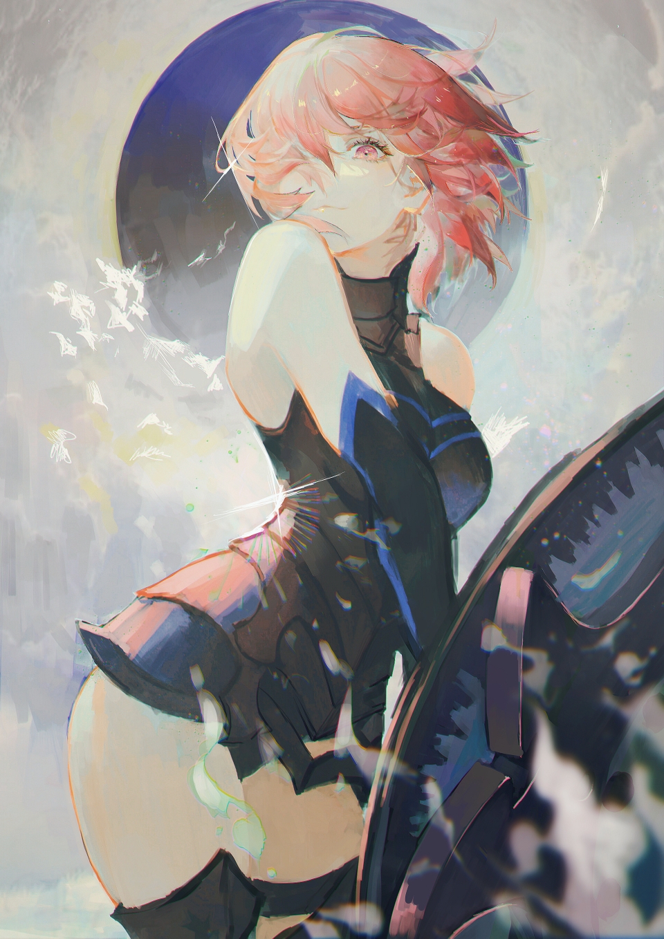 1girl akalee armor bare_shoulders black_armor black_gloves breastplate closed_mouth clouds cloudy_sky commentary_request elbow_gloves eyebrows_visible_through_hair eyes_visible_through_hair fate/grand_order fate_(series) gloves grass hair_over_one_eye highres holding holding_shield holding_weapon light_purple_hair looking_at_viewer mash_kyrielight mountain out_of_frame outdoors pov purple_eyes purple_gloves shield shielder_(fate/grand_order) short_hair two-tone_gloves weapon
