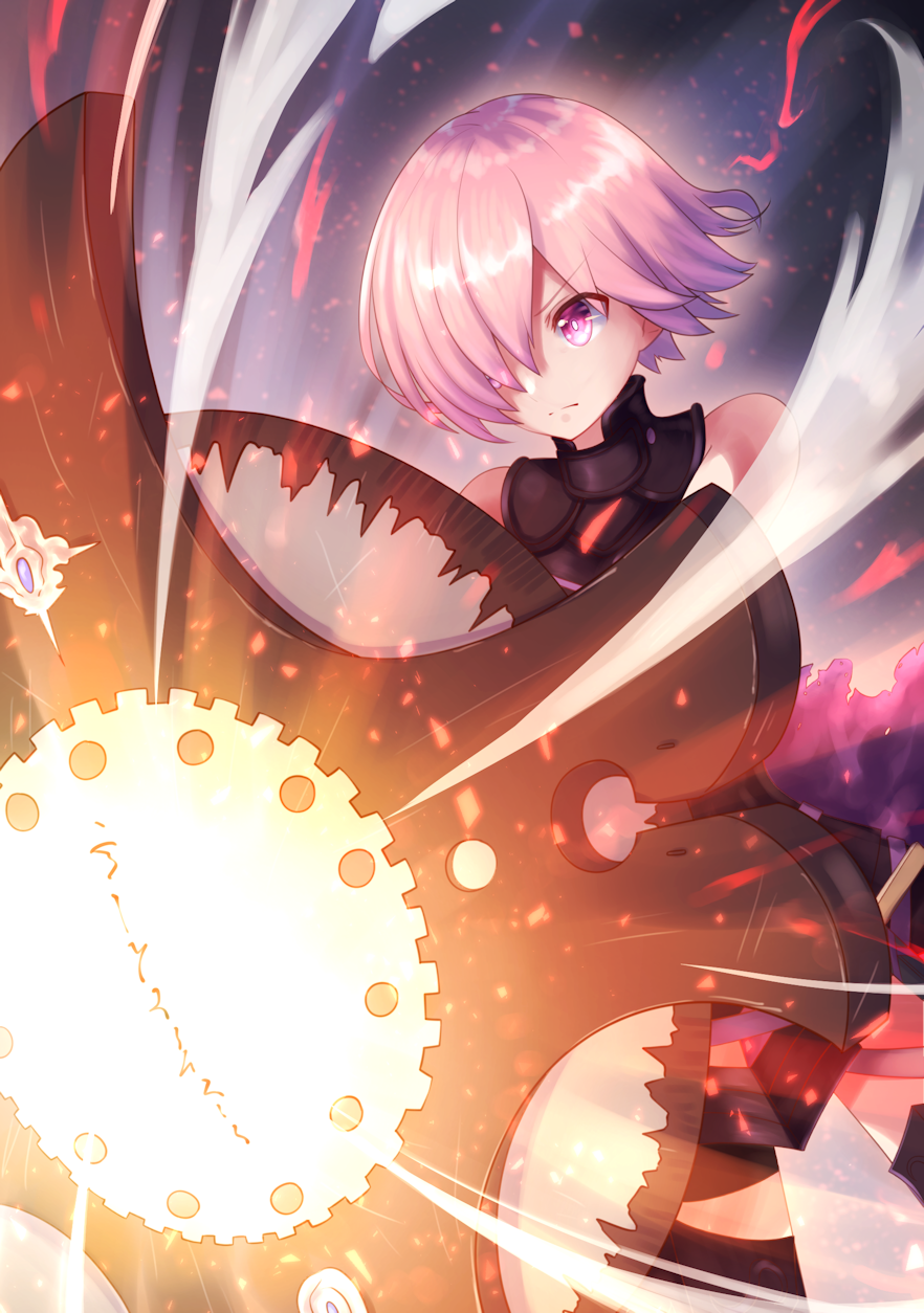 1girl armor bare_shoulders black_armor black_gloves breastplate closed_mouth clouds cloudy_sky commentary_request elbow_gloves eyebrows_visible_through_hair eyes_visible_through_hair fate/grand_order fate_(series) gloves grass hair_over_one_eye highres holding holding_shield holding_weapon light_purple_hair looking_at_viewer marian_oekaki mash_kyrielight mountain out_of_frame outdoors pov purple_gloves shield shielder_(fate/grand_order) short_hair sky smile two-tone_gloves violet_eyes weapon