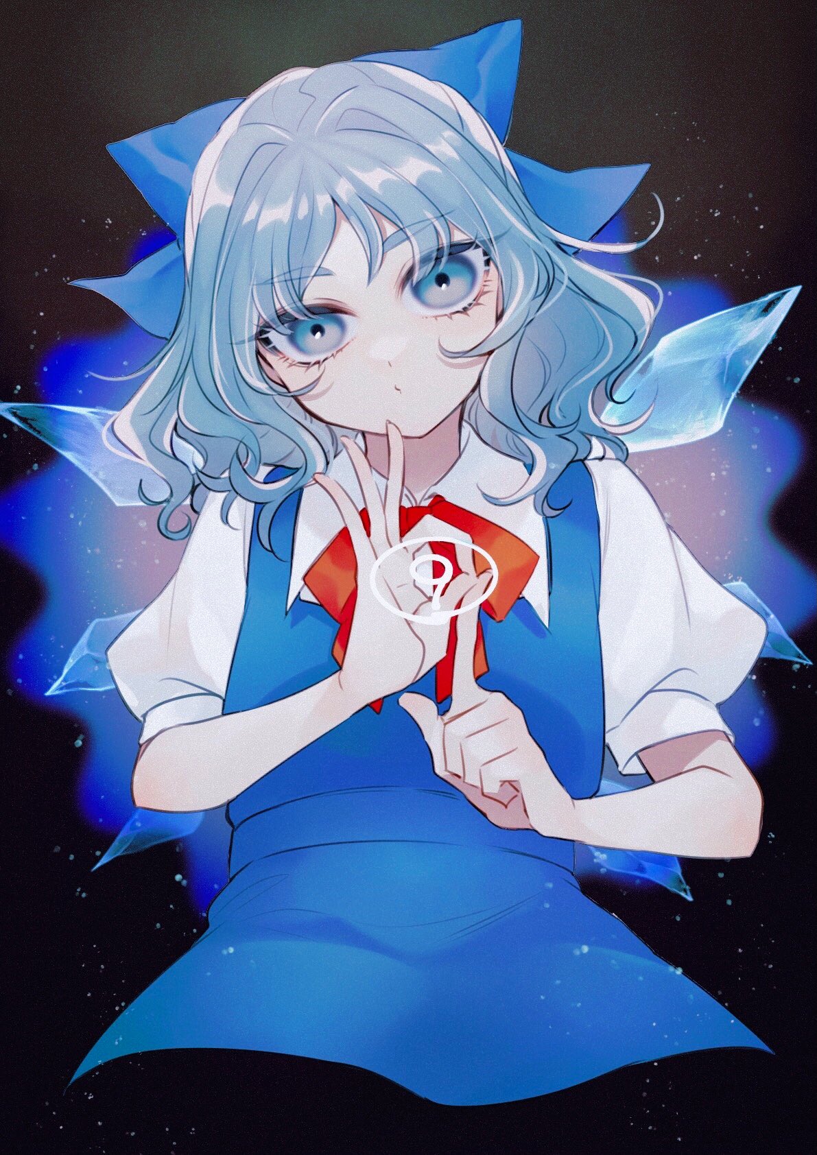 1girl bangs black_background blue_background blue_bow blue_dress blue_eyes blue_hair bow bowtie cirno closed_mouth collar collared_shirt dress eyebrows_visible_through_hair eyes_visible_through_hair gradient gradient_background hands_up highres ice ice_wings katai_(nekoneko0720) looking_at_viewer multicolored_background pink_background puffy_short_sleeves puffy_sleeves red_bow red_bowtie shirt short_hair short_sleeves solo touhou wavy_hair white_shirt wings