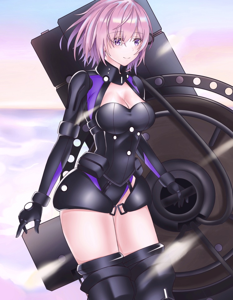 1girl alonalon002 armor bare_shoulders black_armor black_gloves breastplate closed_mouth clouds cloudy_sky commentary_request elbow_gloves eyebrows_visible_through_hair eyes_visible_through_hair fate/grand_order fate_(series) gloves grass hair_over_one_eye highres holding holding_shield holding_weapon light_purple_hair looking_at_viewer mash_kyrielight mountain out_of_frame outdoors pov purple_eyes purple_gloves shield shielder_(fate/grand_order) short_hair two-tone_gloves weapon