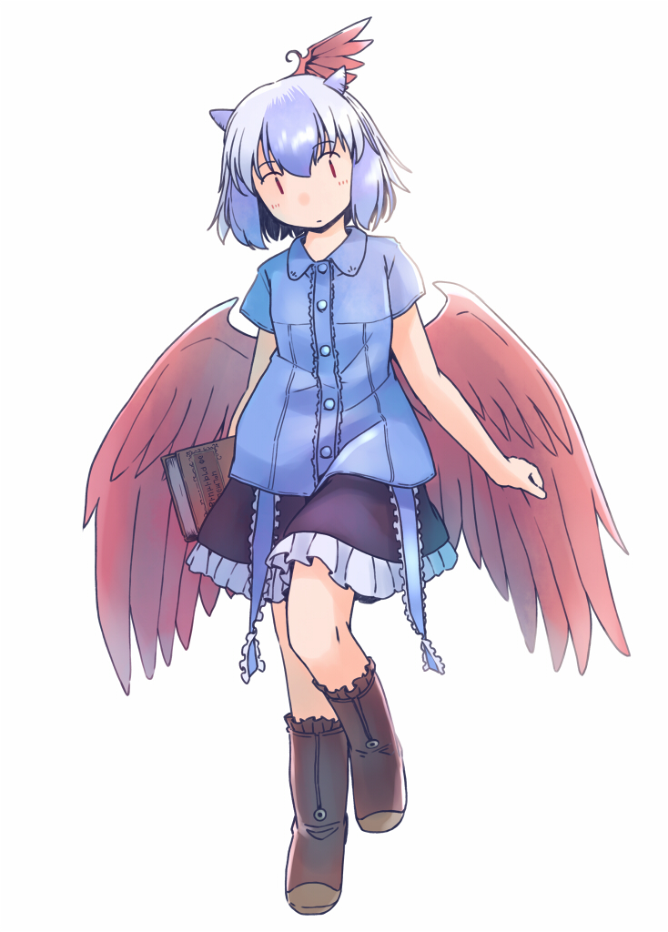 1girl :| adapted_costume alternate_costume backlighting bangs bare_arms bird_girl bird_wings black_skirt blue_hair blue_horns blue_shirt blush book boots brown_footwear casual center_frills closed_mouth collared_shirt dress_shirt expressionless eyebrows_visible_through_hair eyes_visible_through_hair feathered_wings frilled_footwear frilled_skirt frills full_body hair_between_eyes head_tilt head_wings holding holding_book horns knee_boots leg_up light_blue_hair looking_at_viewer low_wings multicolored_hair no_nose rangycrow red_eyes red_wings shirt short_sleeves simple_background single_head_wing skirt solo standing tokiko_(touhou) touhou two-tone_hair white_background wing_collar wings wrist_extended |_|