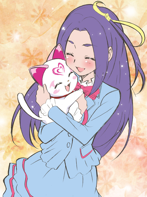 1girl :d ^_^ ^o^ animal aria_gakuen_school_uniform blazer blue_hair blue_jacket blue_skirt blush bow bowtie cat closed_eyes cowboy_shot hair_intakes hair_ribbon happy heart hikari_(mitsu_honey) holding holding_animal holding_cat hug hummy_(suite_precure) jacket kurokawa_eren long_hair long_sleeves miniskirt one_side_up open_mouth orange_background precure purple_hair red_bow red_bowtie ribbon school_uniform seiren_(suite_precure) shiny shiny_hair shiny_skin skirt smile suite_precure thick_eyebrows yellow_ribbon yuri