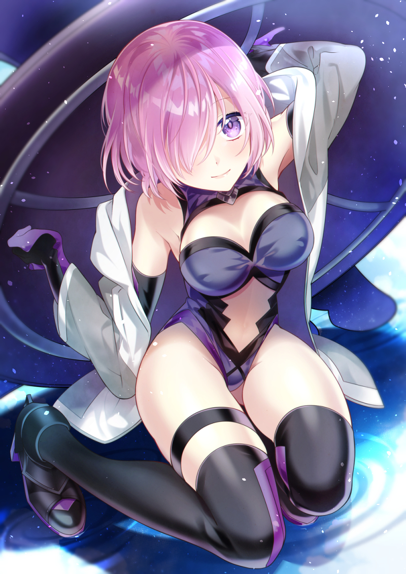 1girl armor bare_shoulders black_armor black_gloves breastplate closed_mouth clouds cloudy_sky commentary_request elbow_gloves eyebrows_visible_through_hair eyes_visible_through_hair fate/grand_order fate_(series) gloves grass hair_over_one_eye highres holding holding_shield holding_weapon light_purple_hair looking_at_viewer mash_kyrielight mountain out_of_frame outdoors pov purple_eyes purple_gloves shield shielder_(fate/grand_order) short_hair tacumi__a3 two-tone_gloves weapon