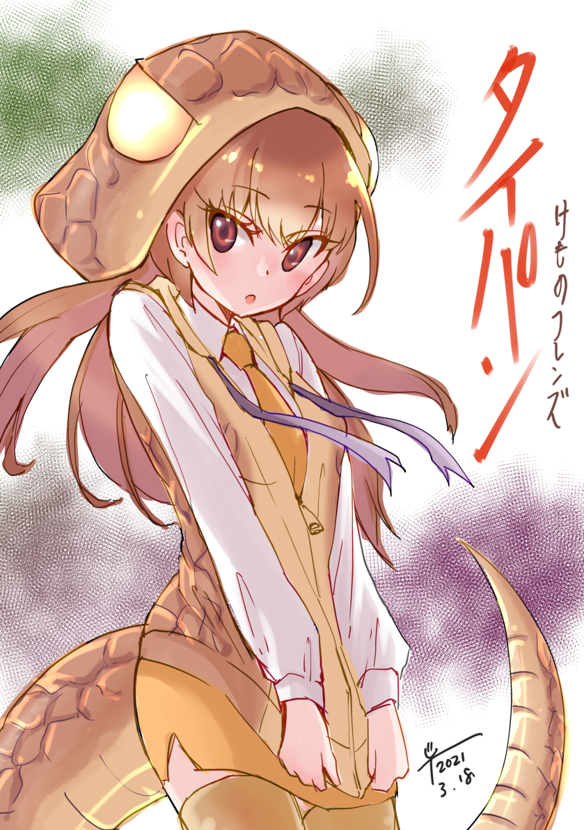 1girl beige_legwear brown_eyes brown_hair character_name chiki_yuuko collared_shirt commentary_request copyright_name eyebrows_visible_through_hair hood kemono_friends necktie open_mouth orange_necktie orange_skirt shirt shirt_tug skirt solo tail taipan_(kemono_friends) vest white_shirt zipper_pull_tab