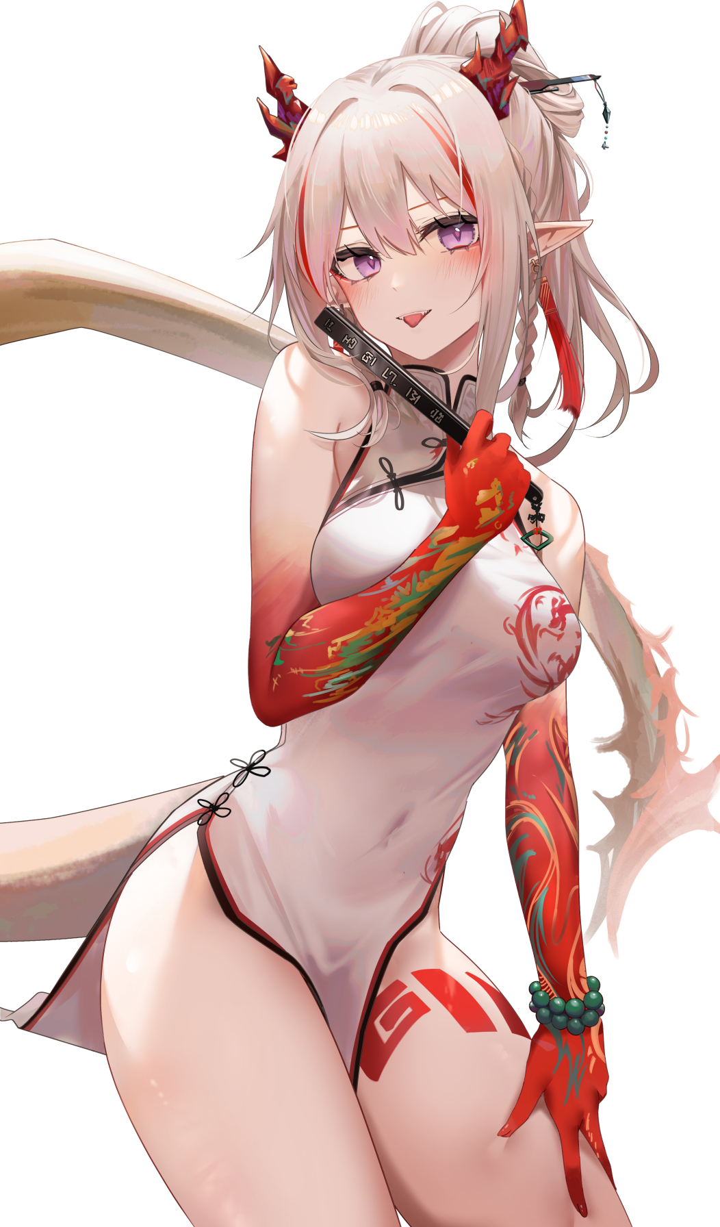 1girl arknights bare_arms bare_shoulders bead_bracelet beads bracelet braid breasts china_dress chinese_clothes contrapposto cowboy_shot dragon_horns dragon_tail dress earrings gradient_skin hair_ornament hairpin hand_on_own_thigh highres holding horns jewelry leg_tattoo long_hair looking_at_viewer medium_breasts multicolored_hair nian_(arknights) nian_(unfettered_freedom)_(arknights) no_panties open_mouth pelvic_curtain pointy_ears ponytail ru_zhai sharp_teeth short_dress sidelocks sleeveless sleeveless_dress smile solo standing streaked_hair tail tattoo teeth thighs tongue tongue_out white_dress