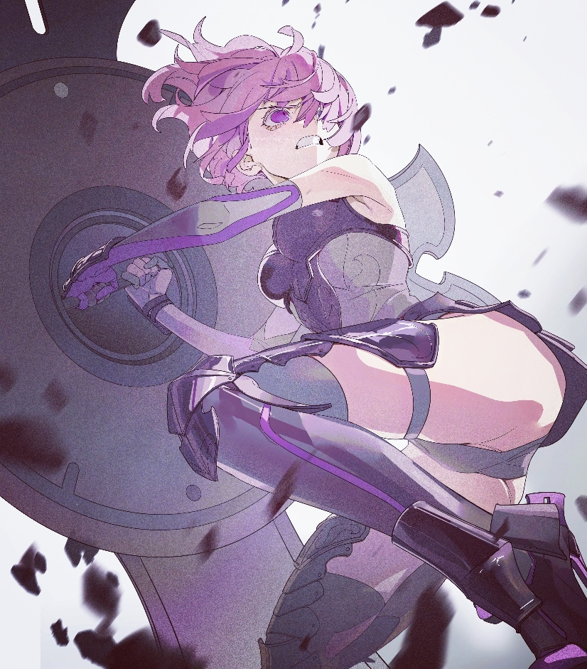 1girl aquarter armor bare_shoulders black_armor black_gloves breastplate closed_mouth clouds cloudy_sky commentary_request elbow_gloves eyebrows_visible_through_hair eyes_visible_through_hair fate/grand_order fate_(series) gloves grass hair_over_one_eye highres holding holding_shield holding_weapon light_purple_hair looking_at_viewer mash_kyrielight mountain out_of_frame outdoors pov purple_eyes purple_gloves shield shielder_(fate/grand_order) short_hair two-tone_gloves weapon