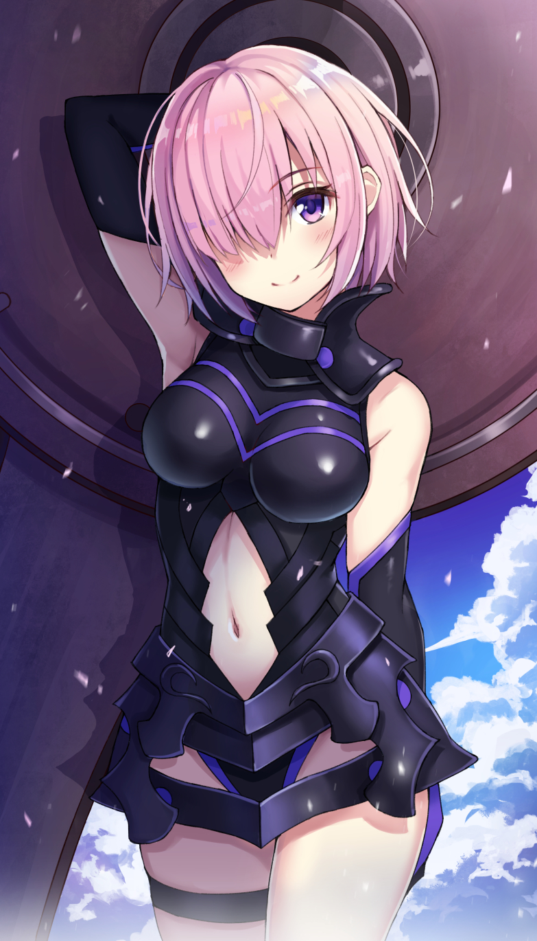 1girl armor bare_shoulders black_armor black_gloves breastplate closed_mouth clouds cloudy_sky commentary_request elbow_gloves enoriwork eyebrows_visible_through_hair eyes_visible_through_hair fate/grand_order fate_(series) gloves grass hair_over_one_eye highres holding holding_shield holding_weapon light_purple_hair looking_at_viewer mash_kyrielight mountain out_of_frame outdoors pov purple_eyes purple_gloves shield shielder_(fate/grand_order) short_hair two-tone_gloves weapon