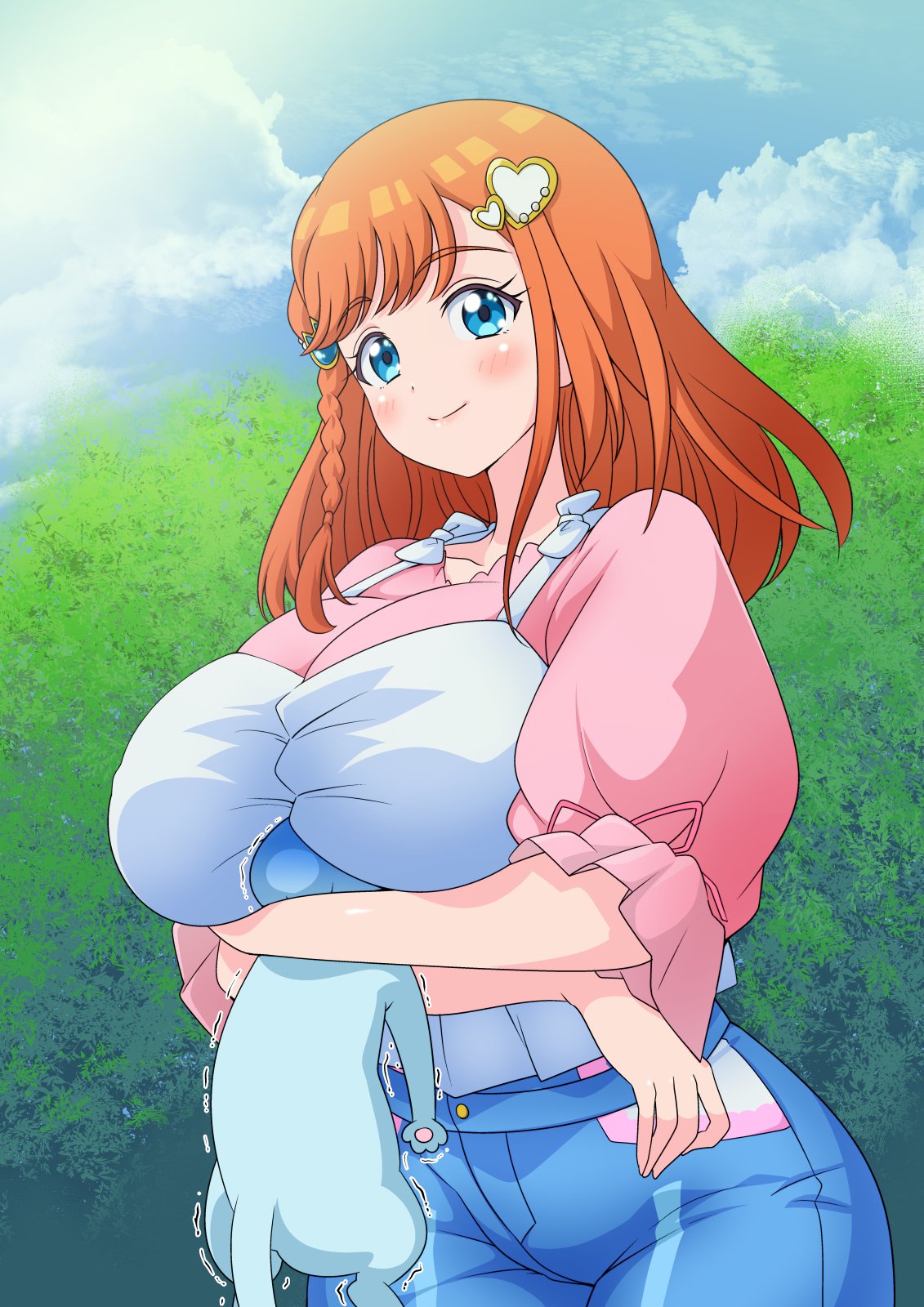 amikaasan asphyxiation between_breasts blouse blue_eyes blue_sky blush braid breast_smother breasts cat cat_hair_ornament closed_mouth clouds cloudy_sky commentary_request day denim eyebrows_visible_through_hair face_to_breasts hair_ornament head_between_breasts heart heart_hair_ornament hibino_matsuri highres huge_breasts jeans long_hair looking_at_viewer myamu myamu_(cat) orange_hair outdoors pants pink_blouse pink_lips pretty_(series) shiny shiny_hair shiny_skin side_braid sky smile smother tree trembling vest waccha_primagi! white_vest