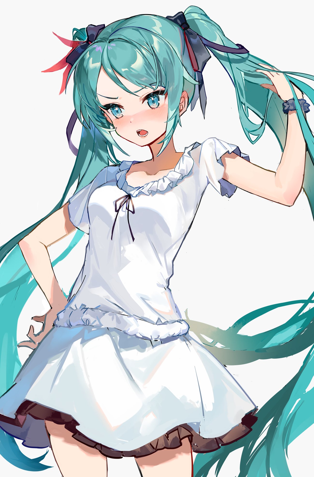 1girl aqua_eyes aqua_hair black_ribbon blush contrapposto dress feather_hair_ornament feathers hair_ornament hair_ribbon hand_in_hair hand_on_hip hand_up hatsune_miku highres karasu_btk long_hair open_mouth raised_eyebrows red_feathers ribbon scrunchie short_sleeves simple_background solo supreme_(module) twintails very_long_hair vocaloid white_background white_dress world_is_mine_(vocaloid) wrist_scrunchie