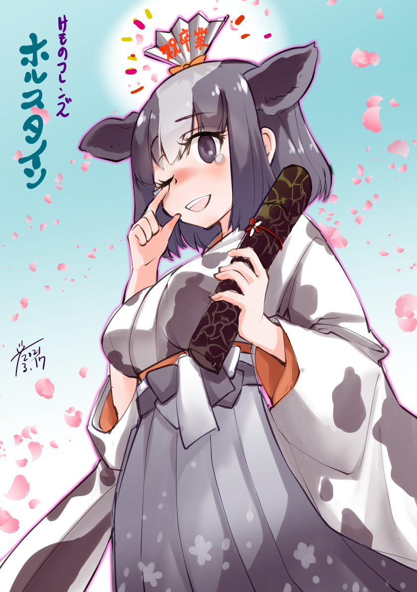 1girl animal_ears animal_print black_hair blush character_name chiki_yuuko copyright_name cow_ears cow_girl cow_print diploma graduation hair_between_eyes hair_ornament hakama holding holstein_friesian_cattle_(kemono_friends) japanese_clothes kemono_friends kimono multicolored_hair obi open_mouth petals print_kimono sash smile solo tears two-tone_hair white_hair wiping_tears