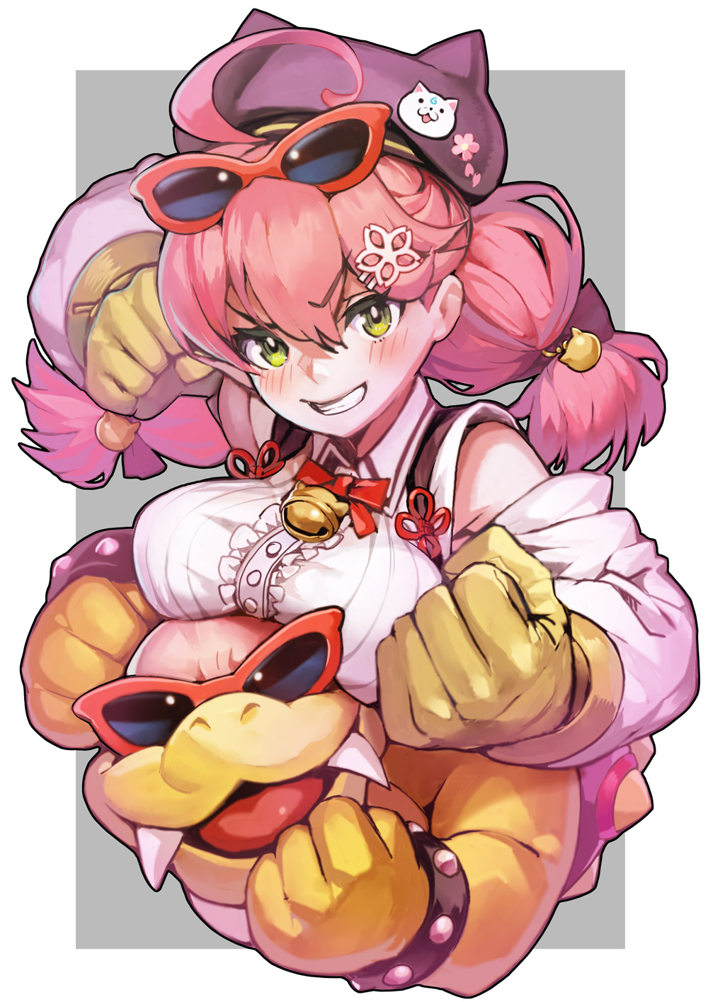 1girl 35p_(sakura_miko) ahoge animal_ear_headwear bell blush breast_rest breasts breasts_on_head buttons clenched_hands crossover eyewear_on_head fangs gloves hair_ornament hairclip hat highres hololive kousaku looking_at_viewer mario_kart_8 pink_hair roy_koopa sakura_miko simple_background sunglasses v-shaped_eyebrows virtual_youtuber