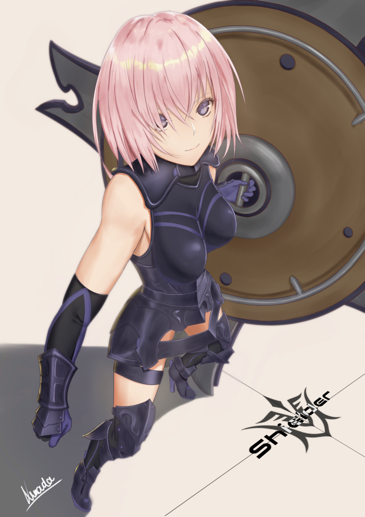 1girl armor asrd bare_shoulders black_armor black_gloves breastplate closed_mouth clouds cloudy_sky commentary_request elbow_gloves eyebrows_visible_through_hair eyes_visible_through_hair fate/grand_order fate_(series) gloves grass hair_over_one_eye highres holding holding_shield holding_weapon light_purple_hair looking_at_viewer mash_kyrielight mountain out_of_frame outdoors pov purple_eyes purple_gloves shield shielder_(fate/grand_order) short_hair two-tone_gloves weapon