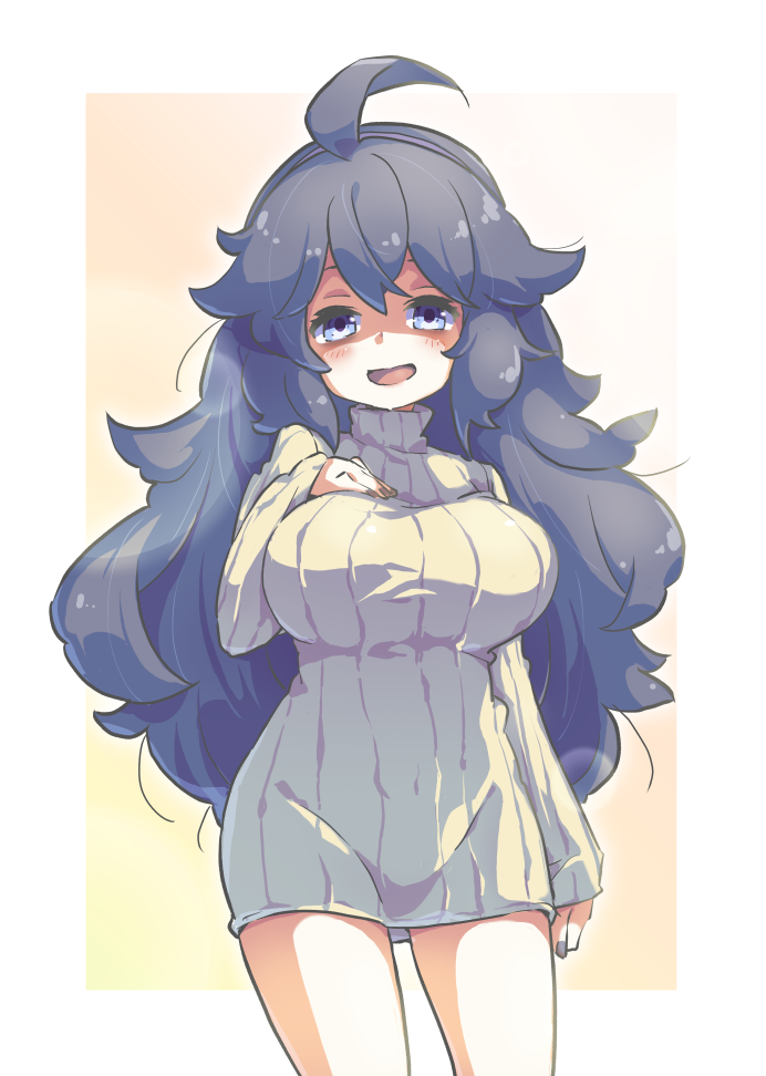 1girl @_@ breasts commentary_request dress hairband hex_maniac_(pokemon) large_breasts long_hair messy_hair pokemon pokemon_(game) pokemon_xy purple_hairband solo sweater sweater_dress tanasuke turtleneck turtleneck_sweater very_long_hair white_sweater