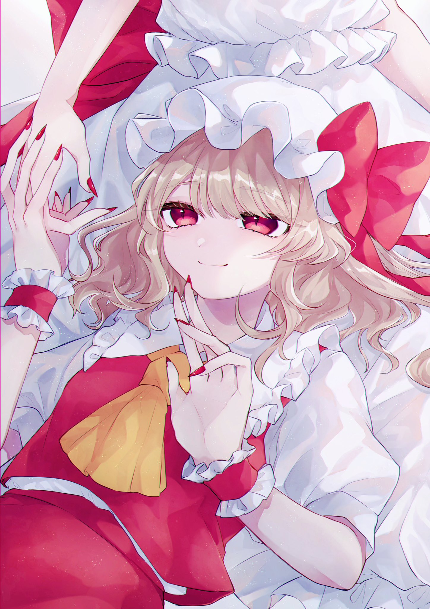2girls ascot back_bow bangs bow brown_hair closed_mouth collar collared_shirt dress eyebrows_visible_through_hair eyes_visible_through_hair fingernails flandre_scarlet frills gradient gradient_background hair_between_eyes hands_up hat hat_bow highres katai_(nekoneko0720) light_brown_hair long_fingernails looking_at_another looking_up lying lying_on_person mob_cap multiple_girls one_side_up pink_background pink_bow puffy_short_sleeves puffy_sleeves red_bow red_eyes red_nails red_skirt red_vest remilia_scarlet seiza shirt short_hair short_sleeves siblings sisters sitting skirt smile touhou vest white_background white_dress white_headwear white_shirt wrist_cuffs yellow_ascot